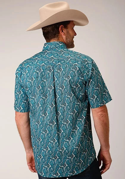 Roper 1449 Upstream Paisley (Blue) - Men's Short Sleeve Shirt