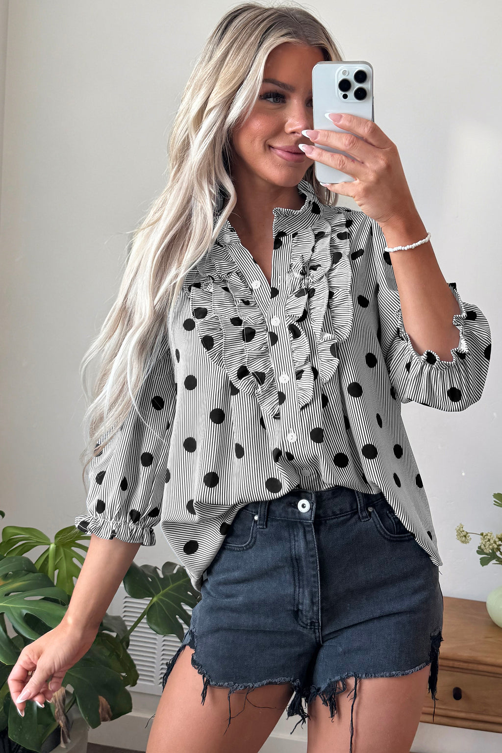 Fiery Red Polka Dot Striped Print Ruffle Stand Neck 3/4 Sleeve Shift Shirt