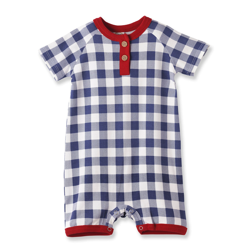 Picnic Plaid Bamboo Henley Shortall Romper for Baby Boys