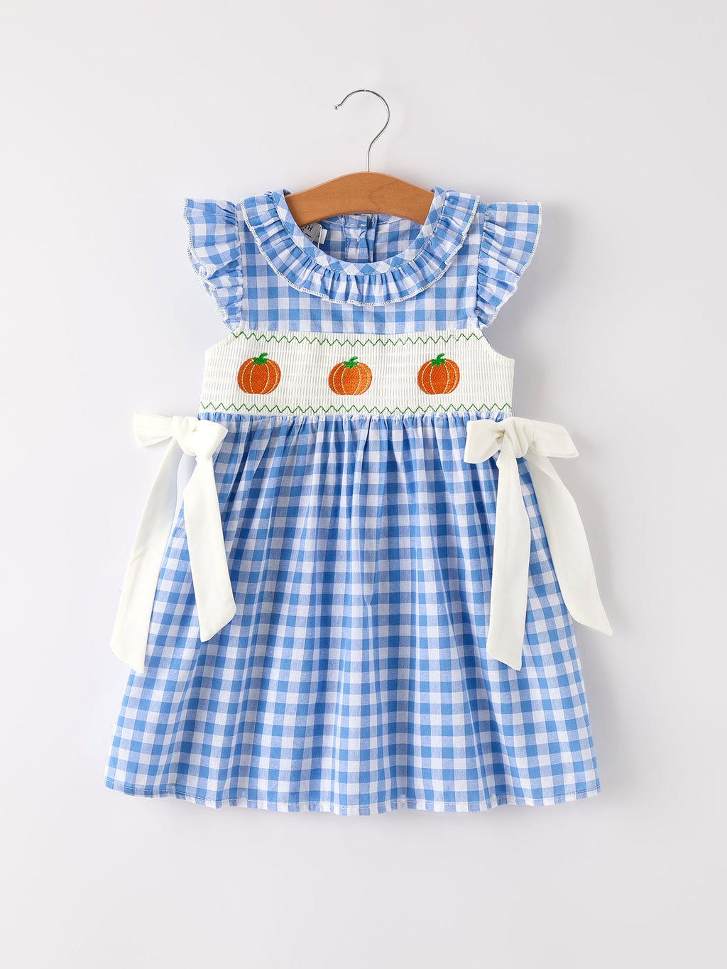 Fall Thanksgiving& Halloween Blue Pumpkin Smock Embroidery Baby Girl Dress
