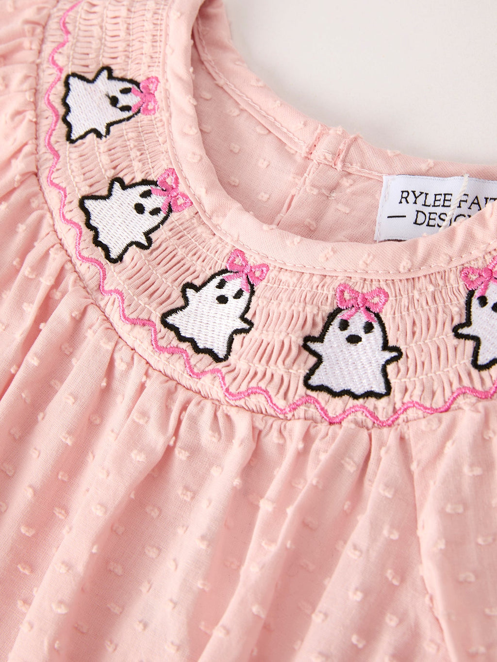 Autumn Halloween Light Pink Ghost Embroidery Smock Floral Girls Romper