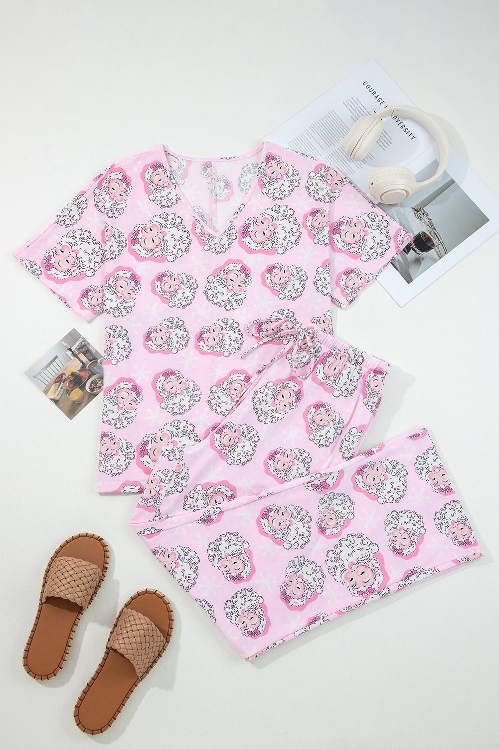 Pink Santa Claus Print V Neck Tee Drawstring Pants 2pcs Lounge Set