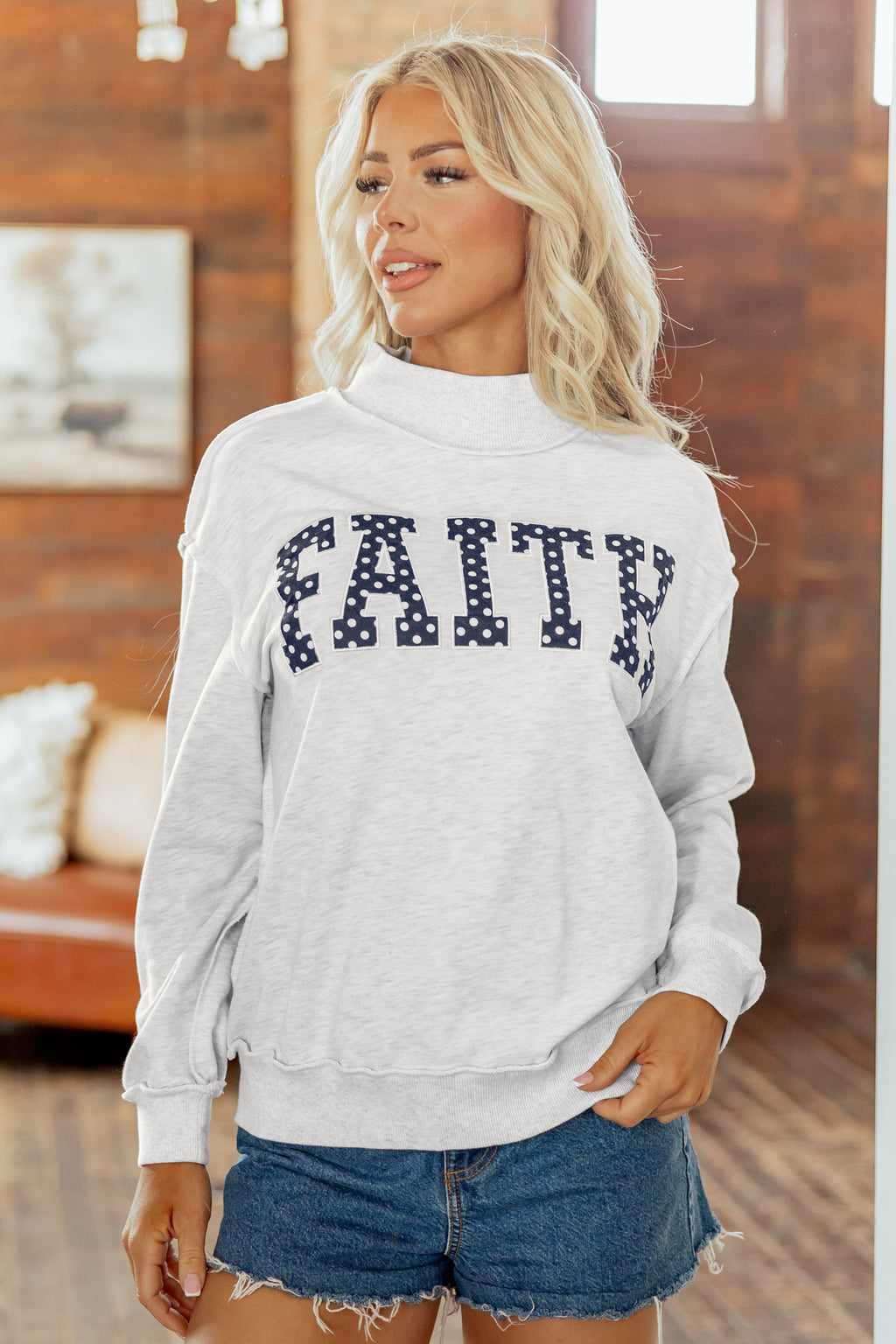Gray High Neck Polka Dot Slogan Printed Baggy Sweatshirt