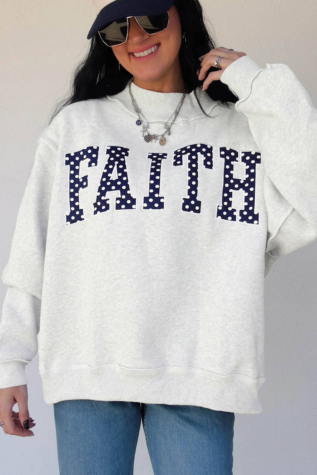 Gray High Neck Polka Dot Slogan Printed Baggy Sweatshirt