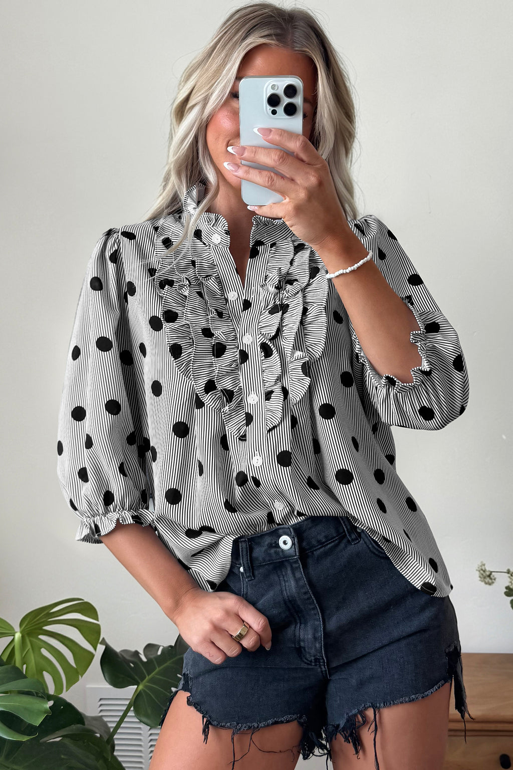 Fiery Red Polka Dot Striped Print Ruffle Stand Neck 3/4 Sleeve Shift Shirt