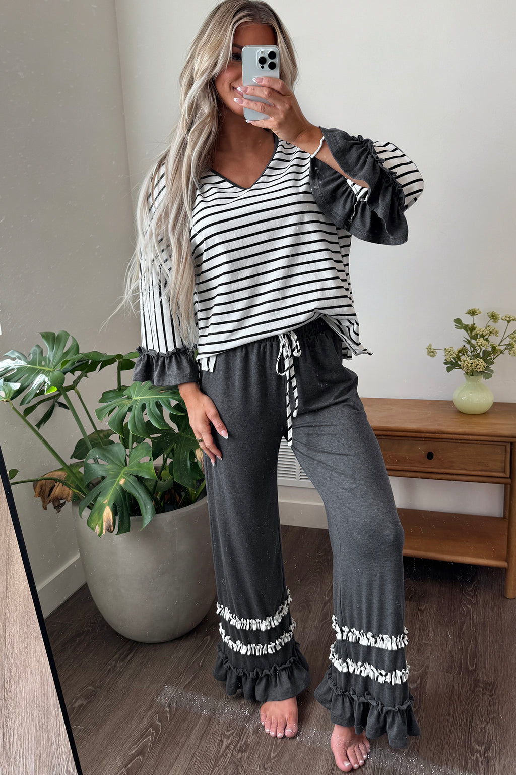 Khaki Stripe V Neck Ruffle Contrast Sleeve Top Drawstring Pants 2pcs Set