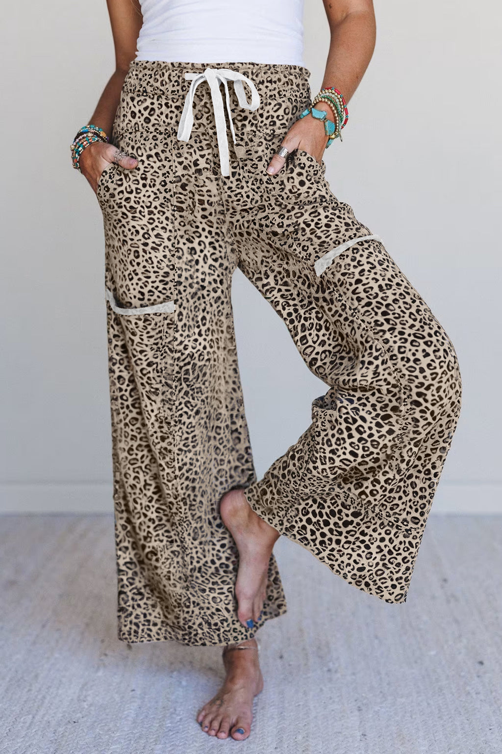 Khaki Animal Print Wide Leg Terry Knit Pants