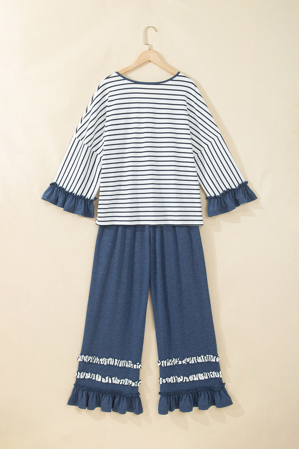 Khaki Stripe V Neck Ruffle Contrast Sleeve Top Drawstring Pants 2pcs Set