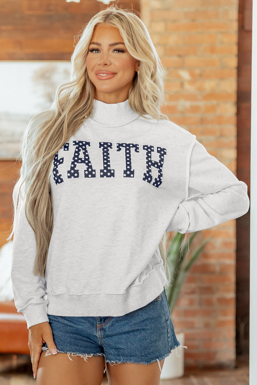 Gray High Neck Polka Dot Slogan Printed Baggy Sweatshirt