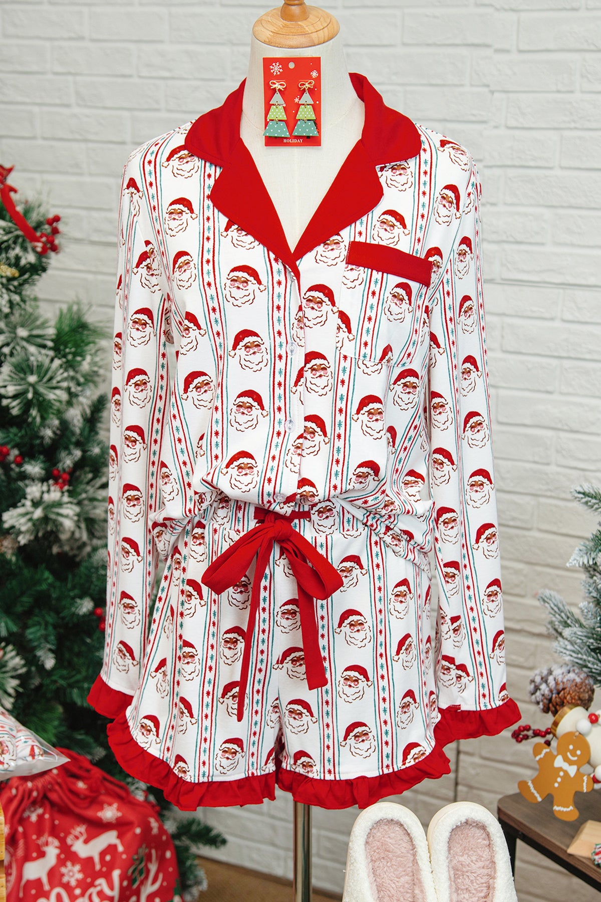 White Santa & Stripes Ruffle PJ Set