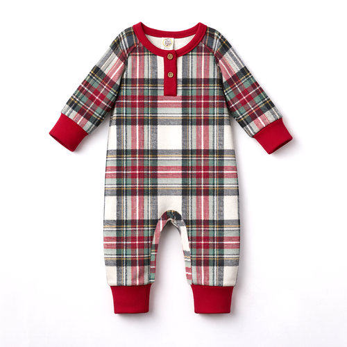 Baby Christmas Plaid Henley Bamboo Romper