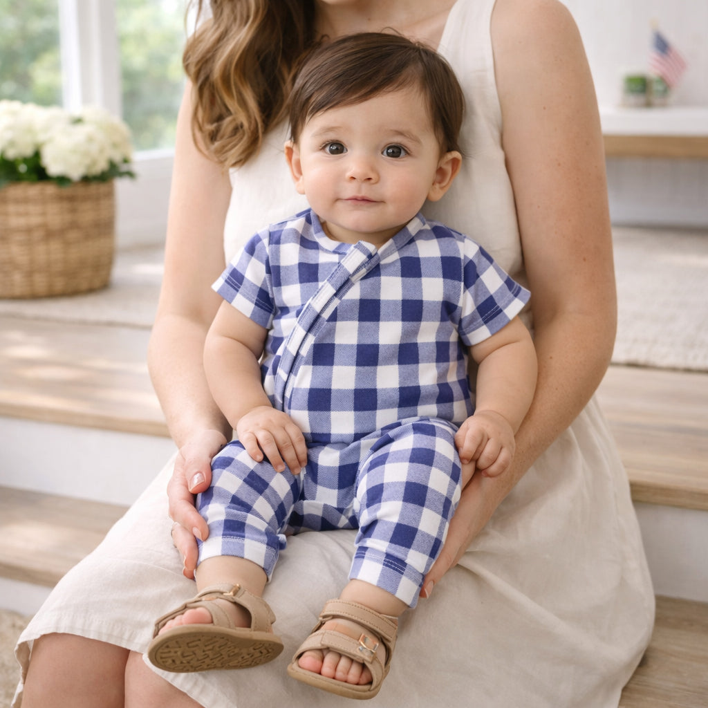 Picnic Plaid Bamboo Baby Zipper Romper w/Convertible Cuffs