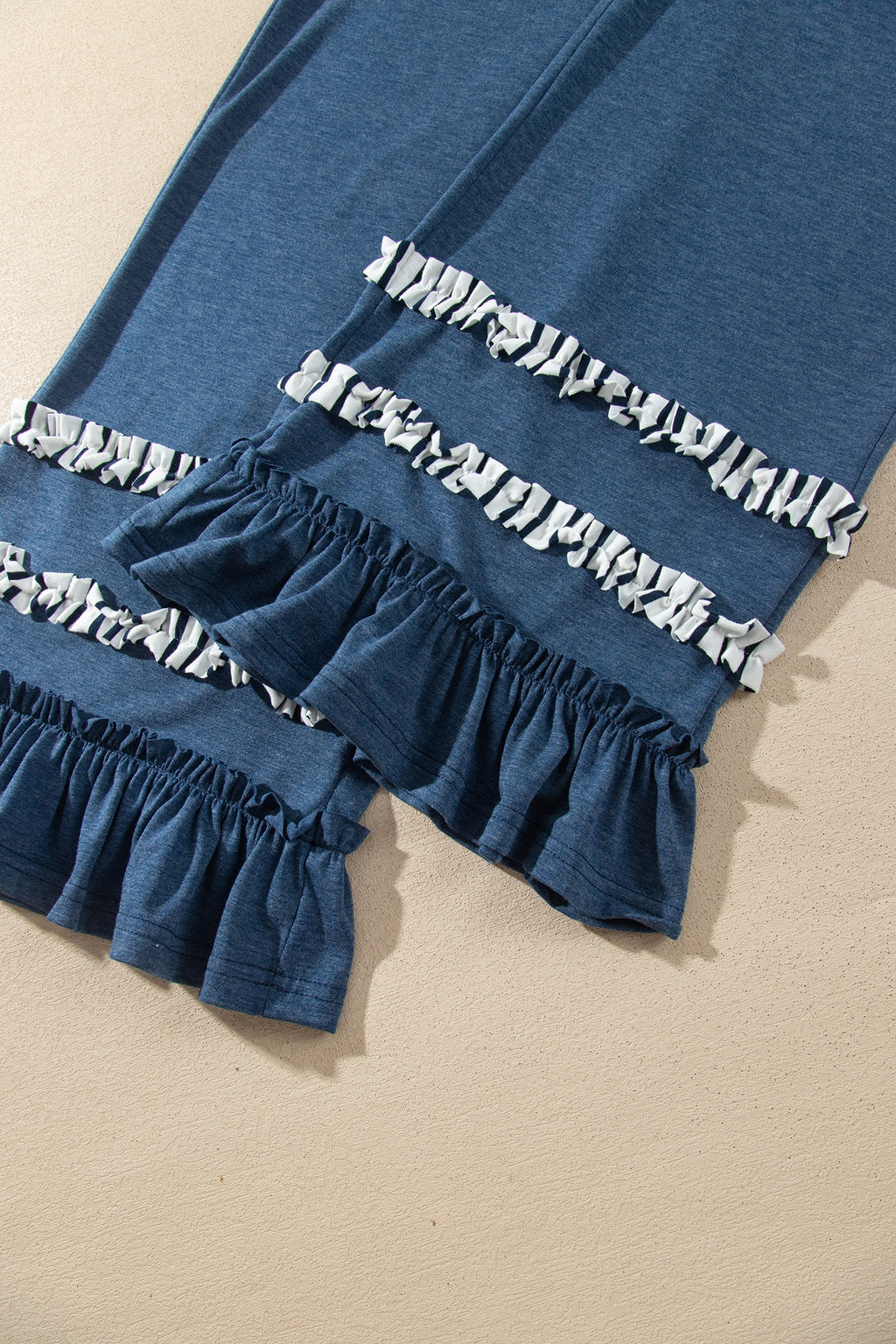 Khaki Stripe V Neck Ruffle Contrast Sleeve Top Drawstring Pants 2pcs Set