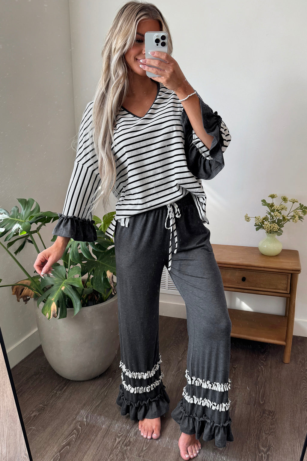 Khaki Stripe V Neck Ruffle Contrast Sleeve Top Drawstring Pants 2pcs Set