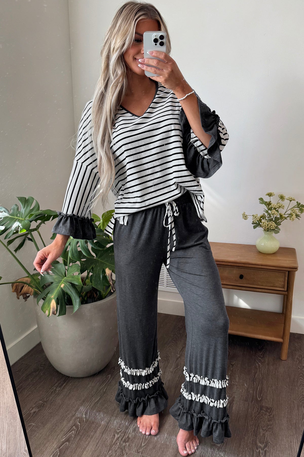 Khaki Stripe V Neck Ruffle Contrast Sleeve Top Drawstring Pants 2pcs Set