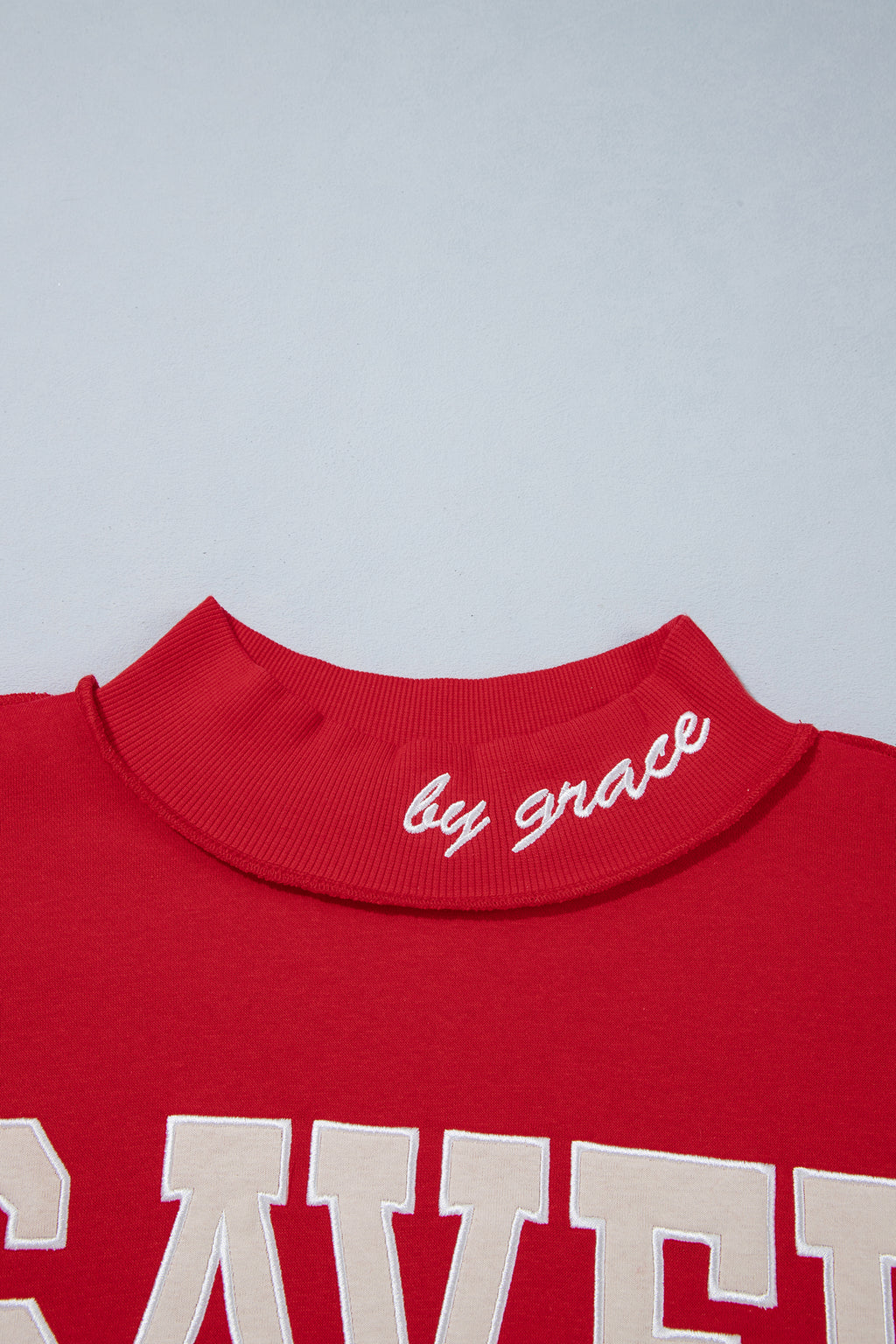 Gray Saved By Grace Embroidered Detail Letter Graphic High Neck Sweatshirt