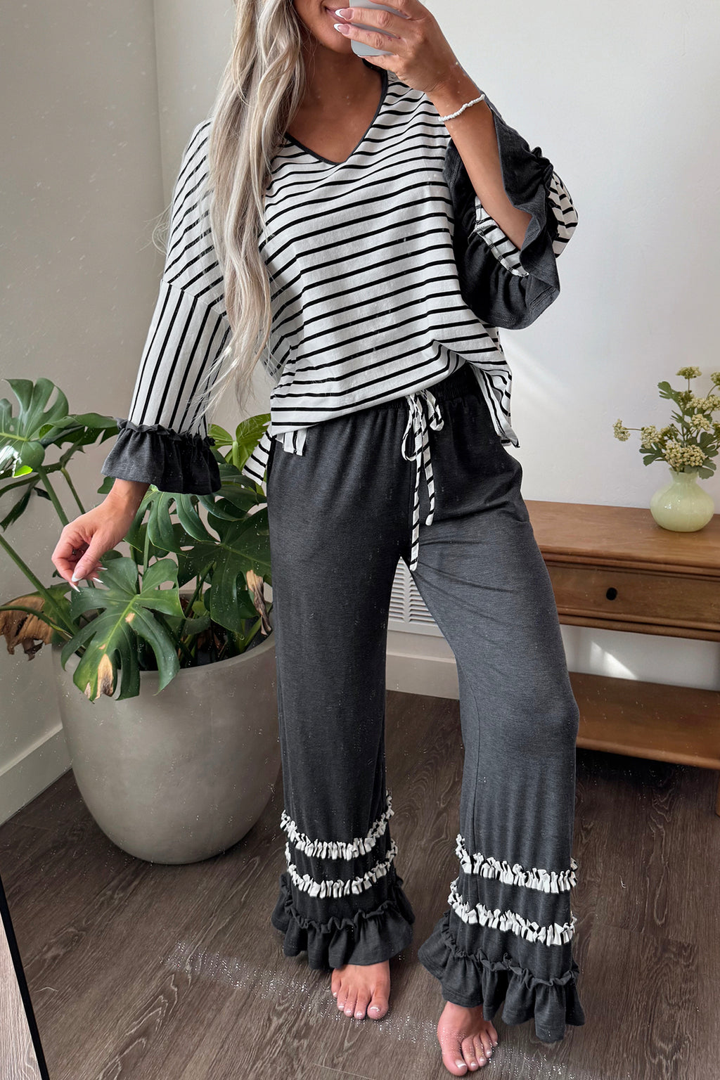 Khaki Stripe V Neck Ruffle Contrast Sleeve Top Drawstring Pants 2pcs Set