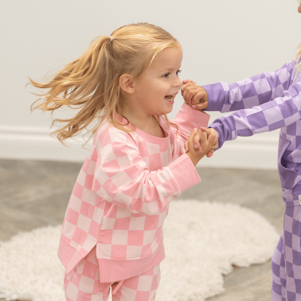 Checker Baby Pink Crew Neck Jogger Set