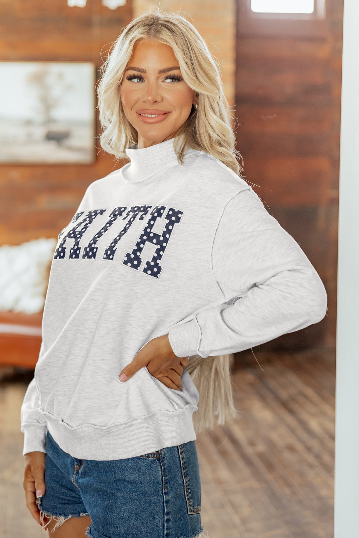 Gray High Neck Polka Dot Slogan Printed Baggy Sweatshirt