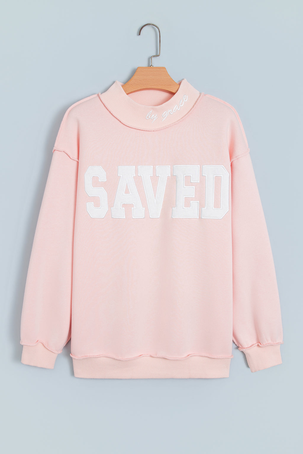 Gray Saved By Grace Embroidered Detail Letter Graphic High Neck Sweatshirt