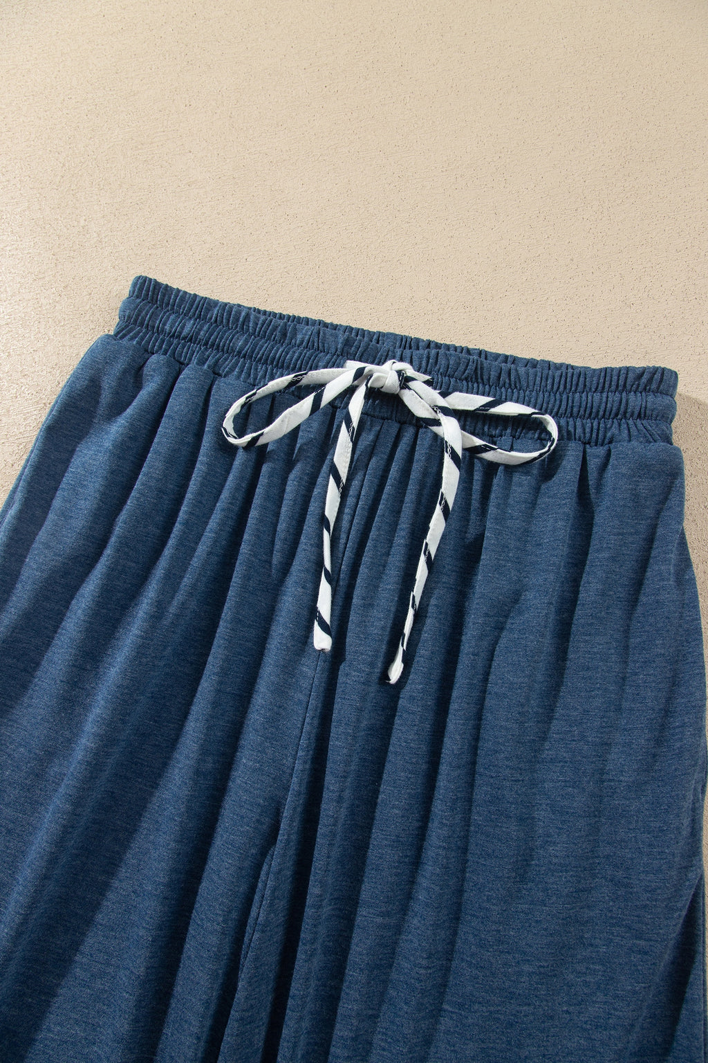 Khaki Stripe V Neck Ruffle Contrast Sleeve Top Drawstring Pants 2pcs Set