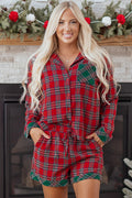 Dearlovers Red Plaid Contrast Patched Christmas Holiday Long Sleeve Shirt and Short 2pcs Pajama Set