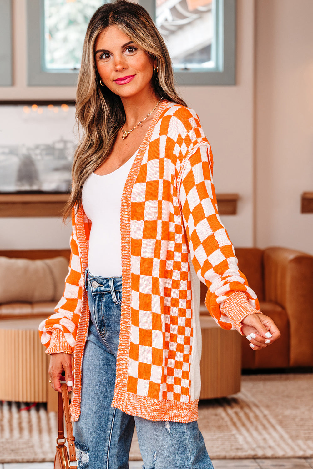 Orange Checkered Open Front Drop Shoulder Cardigan