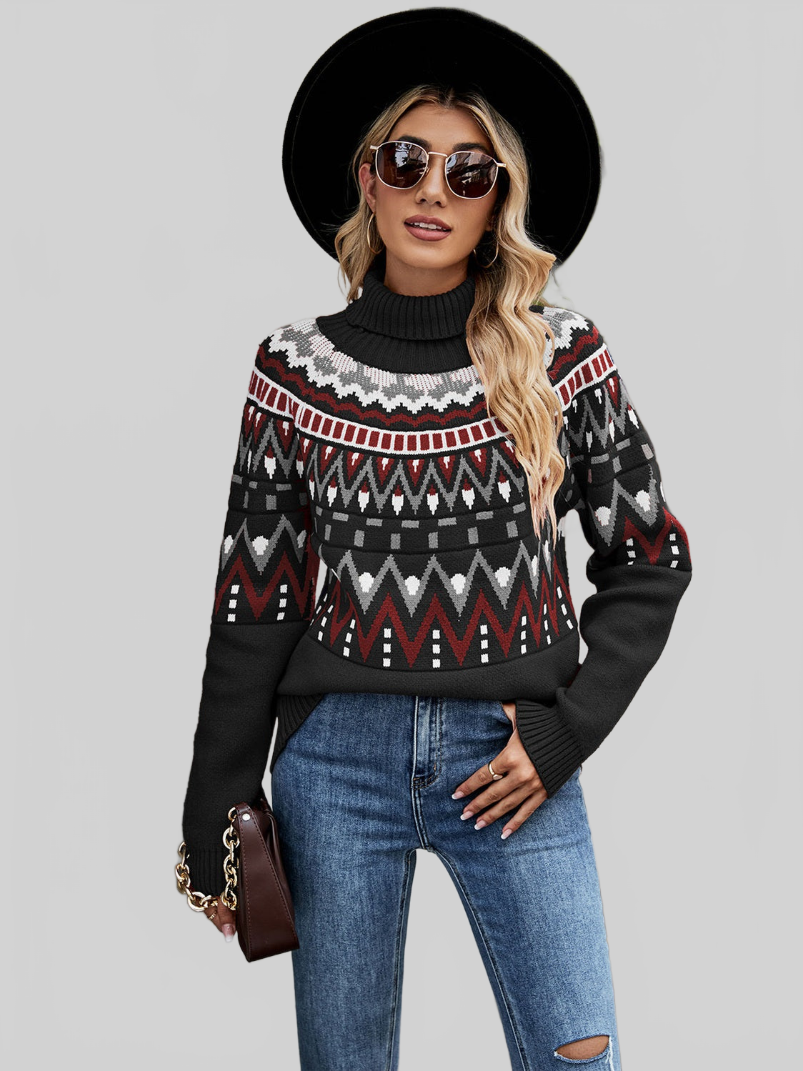 Turtleneck Ribbed Trim Pullover Sweater